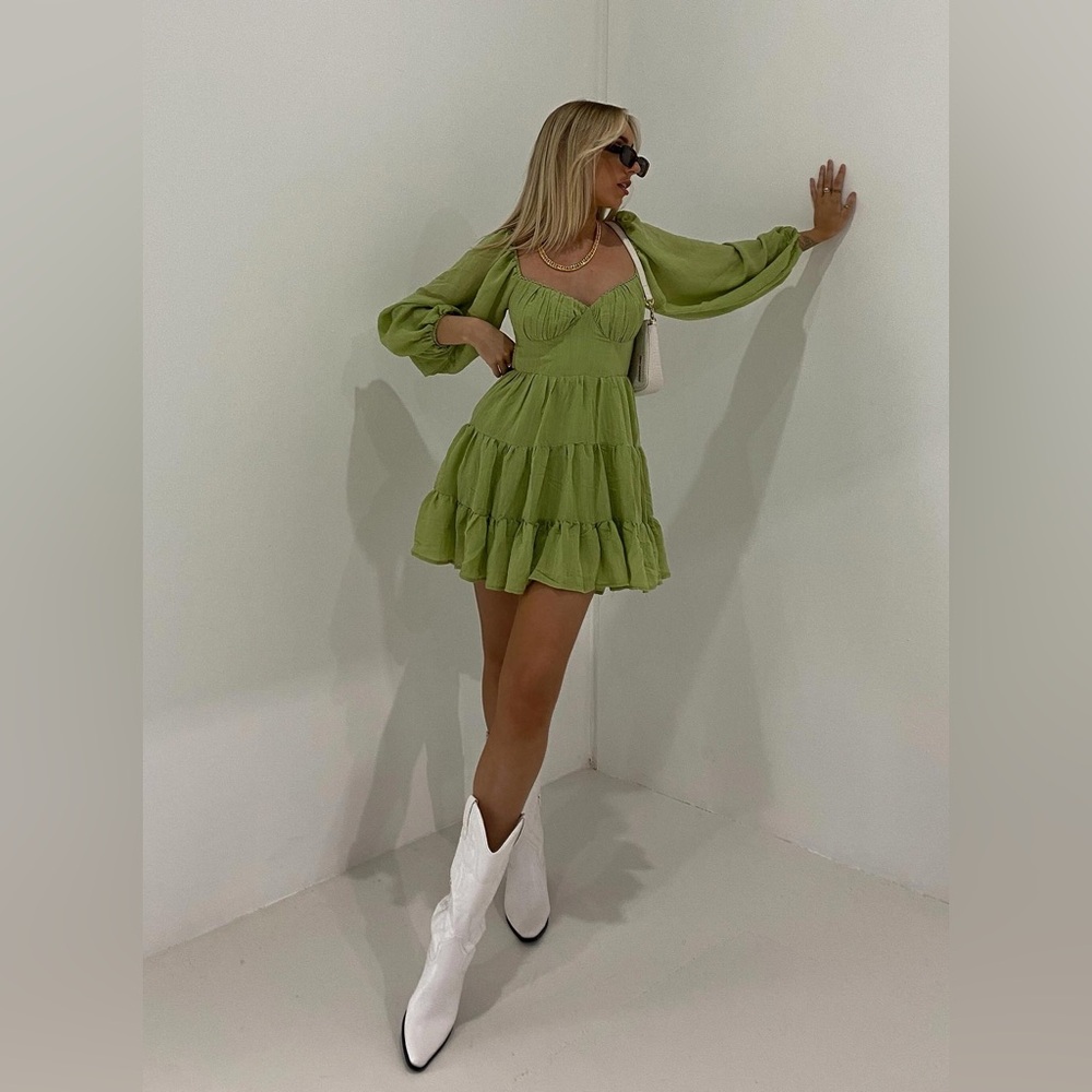 Princess Polly Danny Long Sleeve Mini Dress Green Size 8 - Picture 9 of 12
